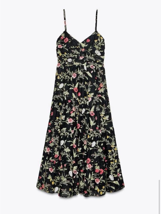 Zara Dresses & Skirts - ZARA FLORAL PRINTED COTTON MIDI DRESS WITH CUTWORK EMBROIDERY M NWT.